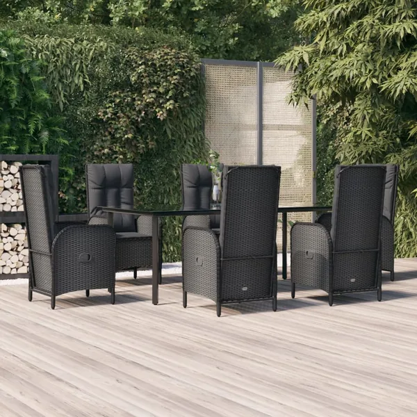 Ensemble à manger de jardin coussins 7pcs Noir Résine tressée