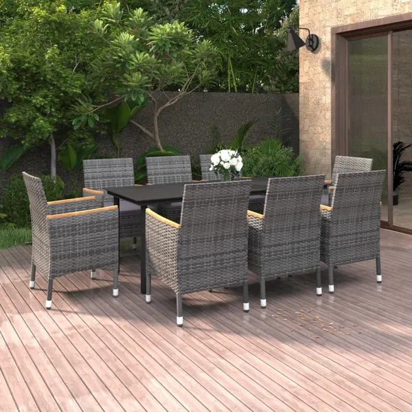 Ensemble à manger de jardin coussins 9 pcs Résine tressée Verre