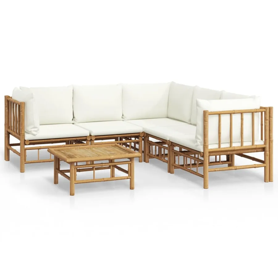 Salon de jardin 6 pcs avec coussins blanc crème bambou - 2