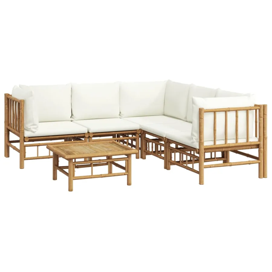 Salon de jardin 6 pcs avec coussins blanc crème bambou - 3