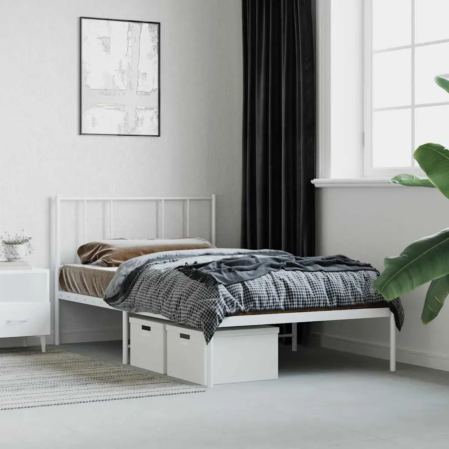 Cadre de lit métal sans matelas avec tête de lit blanc 80x200cm