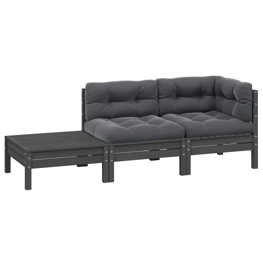 Salon de jardin 3 pcs avec coussins Gris Bois de pin massif