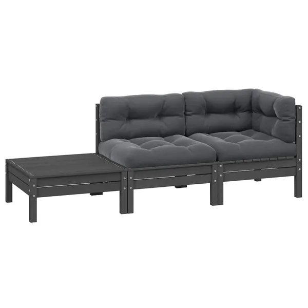 Salon de jardin 3 pcs avec coussins Gris Bois de pin massif
