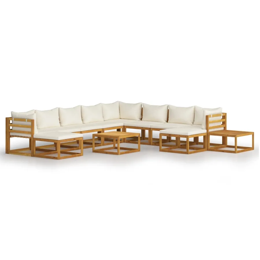 Salon de jardin 12 pcs avec coussin Crème Bois d'acacia solide - 2