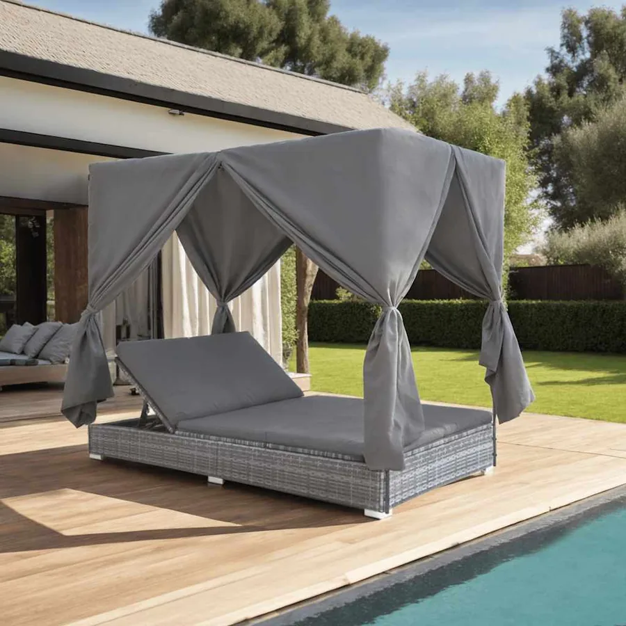 Chaise longue d'extérieur avec rideaux Résine tressée Gris