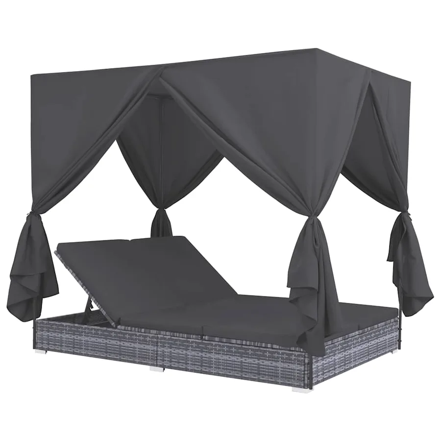 Chaise longue d'extérieur avec rideaux Résine tressée Gris - 2