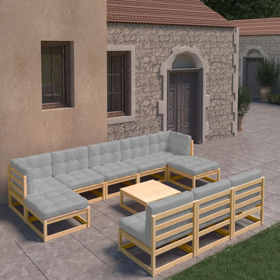 Salon de jardin 11 pcs avec coussins Bois de pin massif