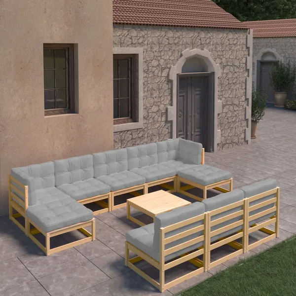 Salon de jardin 11 pcs avec coussins Bois de pin massif