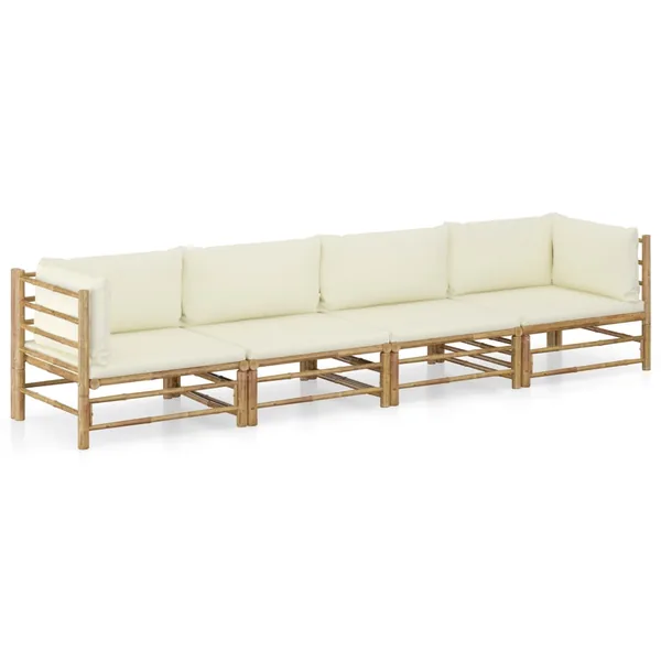 Salon de jardin 4 pcs avec coussins blanc crème bambou