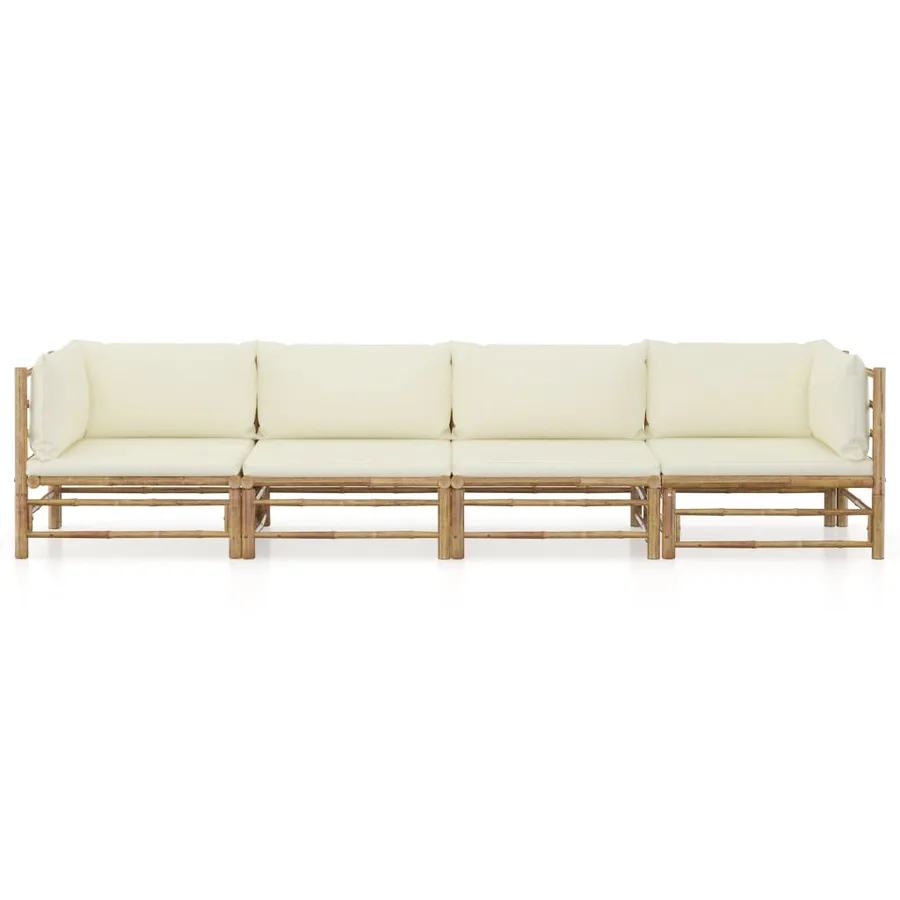 Salon de jardin 4 pcs avec coussins blanc crème bambou - 2