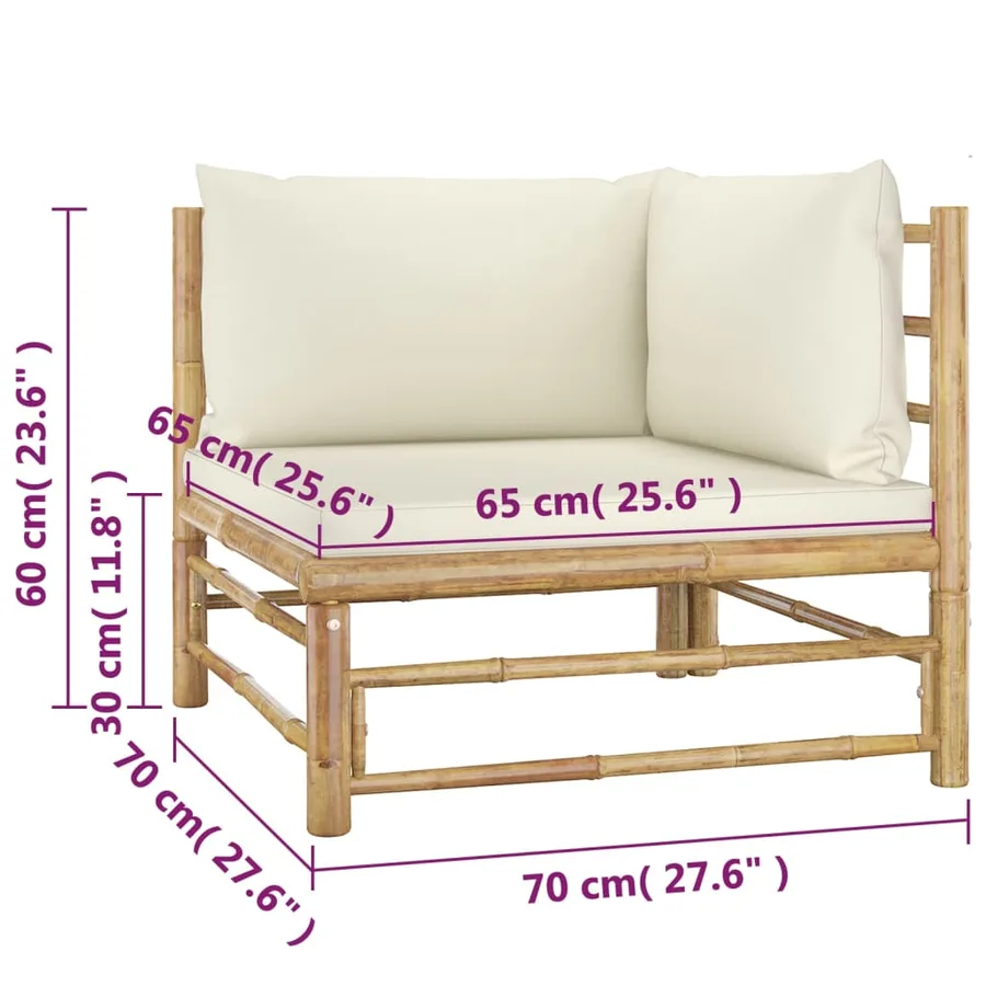 Salon de jardin 4 pcs avec coussins blanc crème bambou - 7