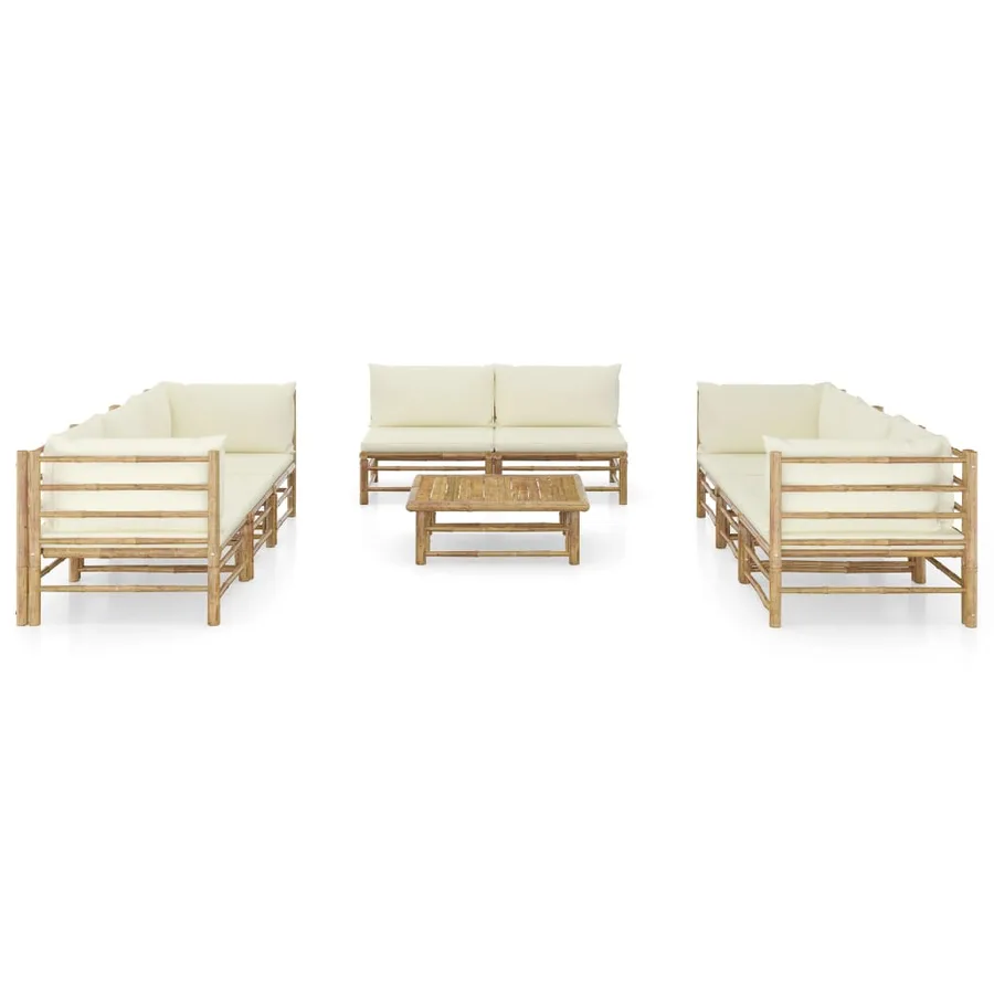 Salon de jardin 9 pcs avec coussins blanc crème bambou - 2