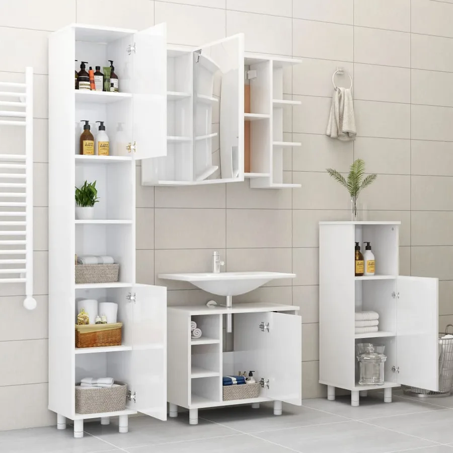 Armoire de salle de bain Blanc brillant Bois d’ingénierie - 9