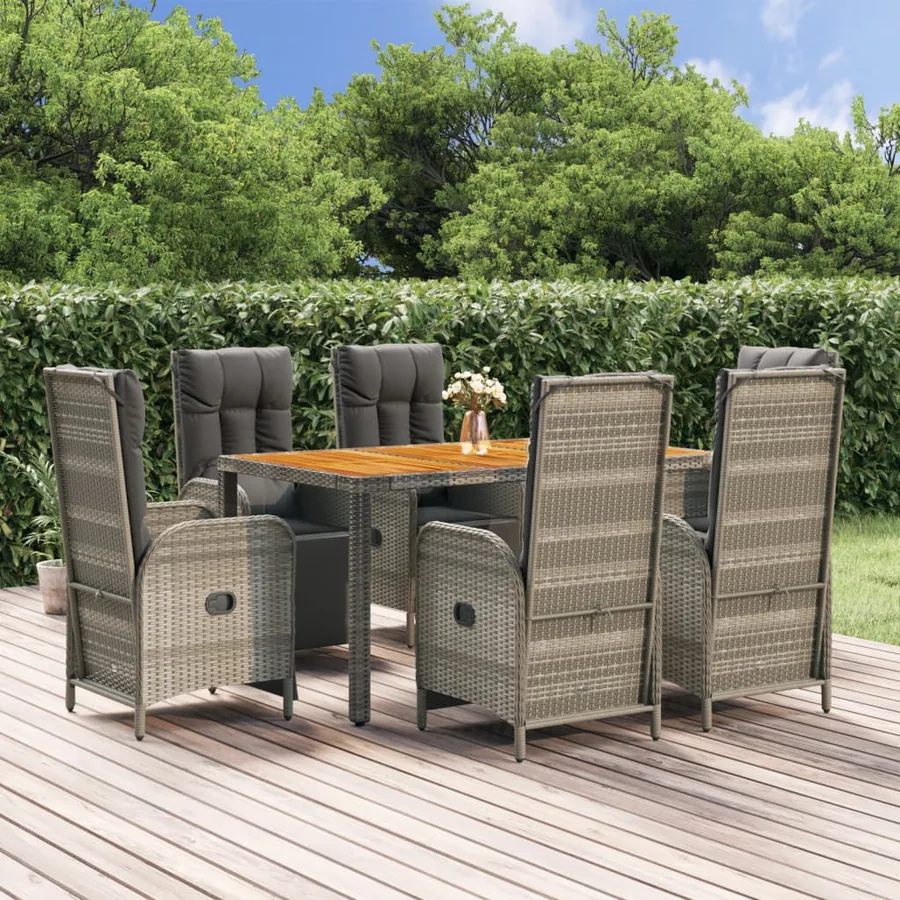 Ensemble à manger jardin et coussins 7 pcs gris rotin