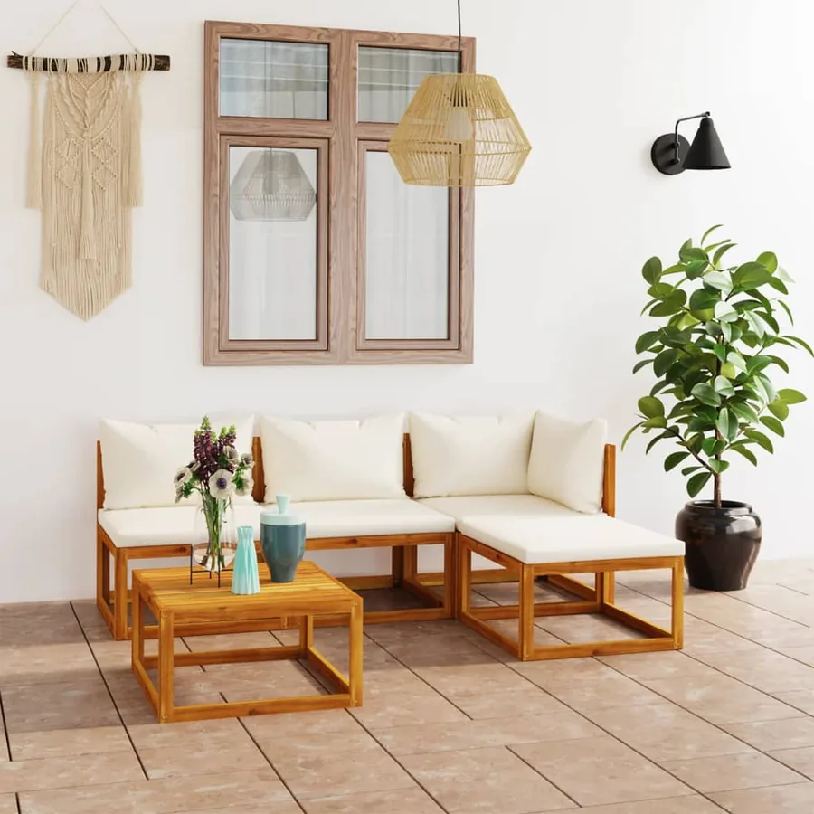 Salon de jardin 5 pcs avec coussin Crème Bois d'acacia solide