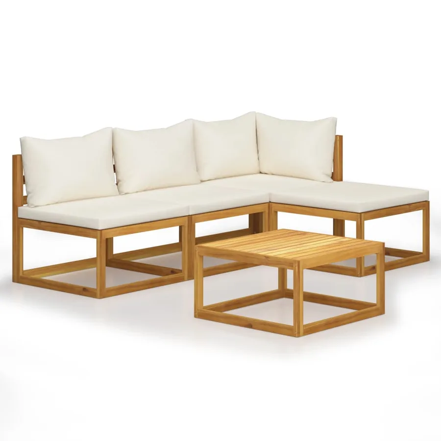 Salon de jardin 5 pcs avec coussin Crème Bois d'acacia solide - 2