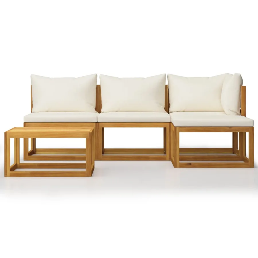 Salon de jardin 5 pcs avec coussin Crème Bois d'acacia solide - 3
