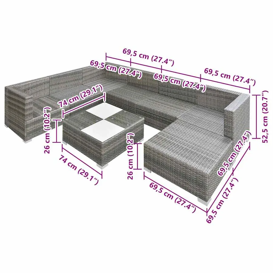 Salon de jardin 8 pcs avec coussins Résine tressée Gris - 5