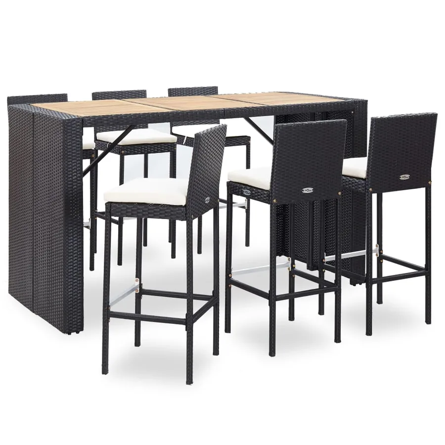 Ensemble de bar de jardin 7 pcs et coussins Résine tressée Noir