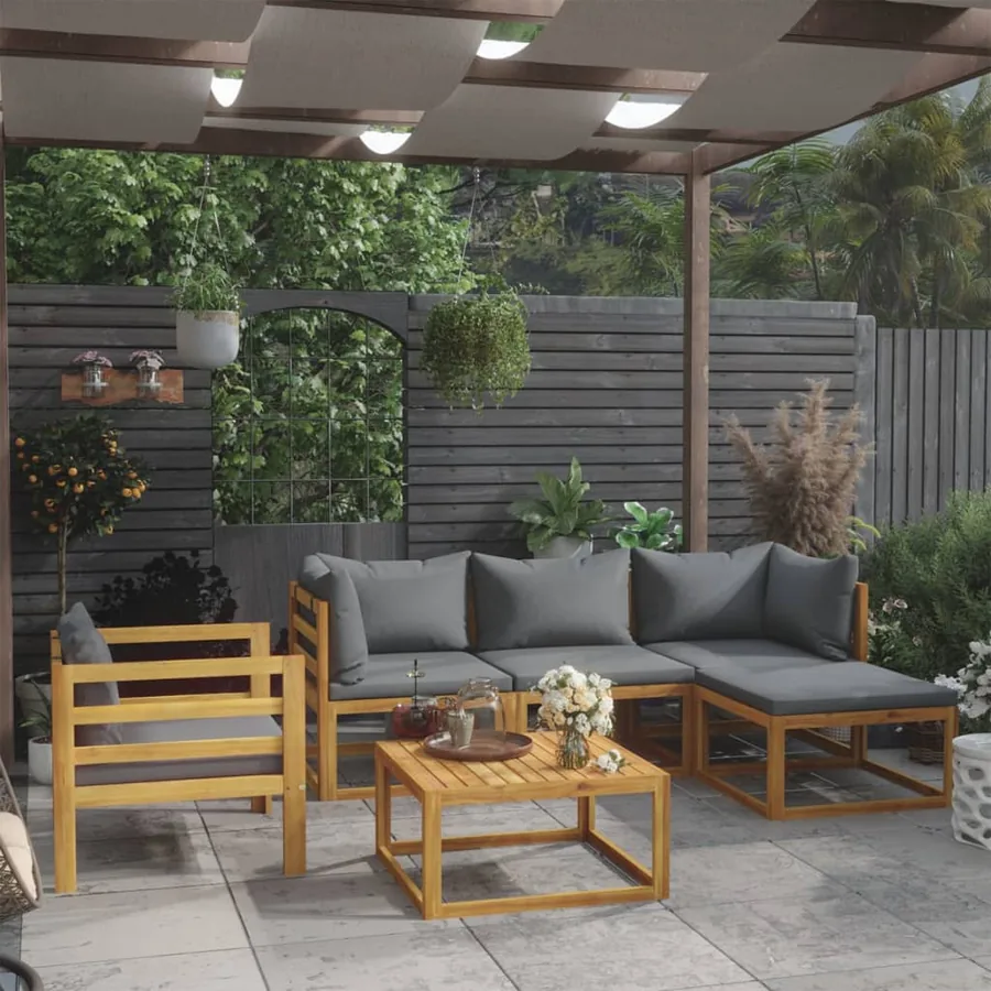 Salon de jardin 6 pcs avec coussin Bois d'acacia solide