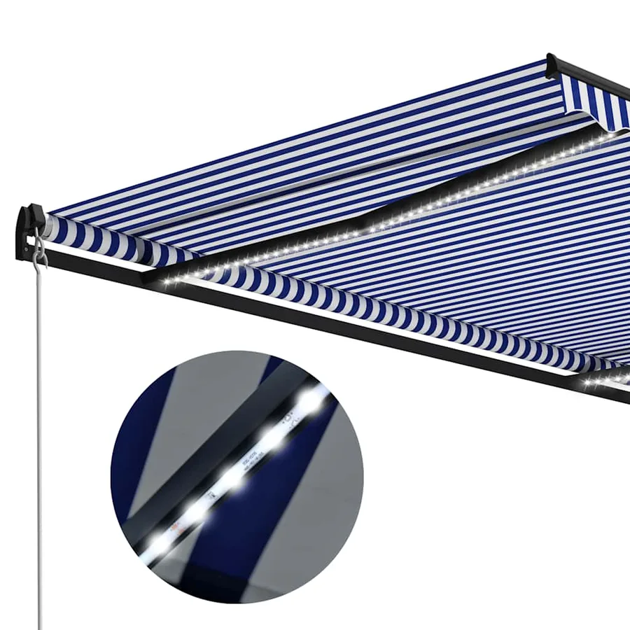 Auvent manuel rétractable avec LED 300x250 cm Bleu et blanc - 5