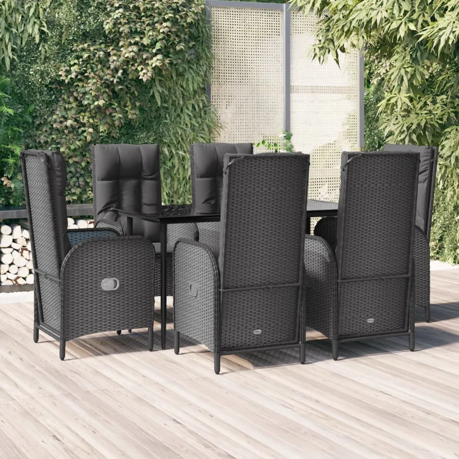 Ensemble à manger de jardin coussins 7pcs Noir Résine tressée