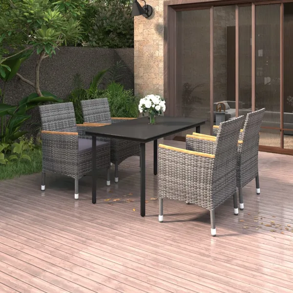 Ensemble à manger de jardin coussins 5 pcs Résine tressée Verre