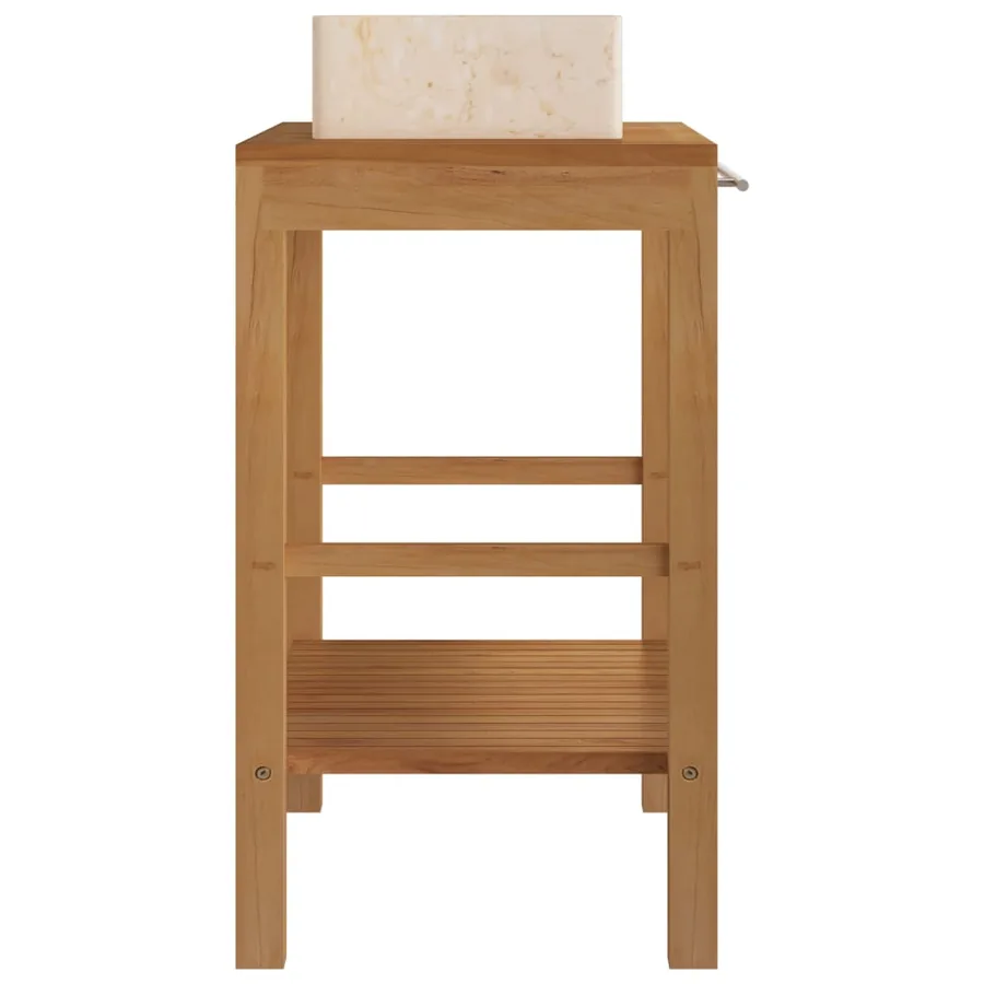 Armoire de toilette en teck solide avec lavabo en marbre Crème - 4