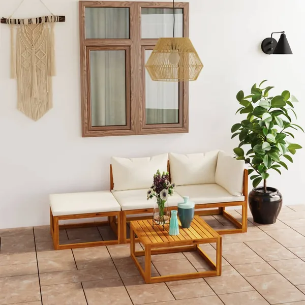 Salon de jardin 4 pcs avec coussin Crème Bois d'acacia solide