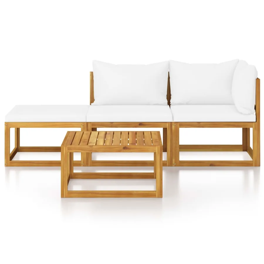 Salon de jardin 4 pcs avec coussin Crème Bois d'acacia solide - 3