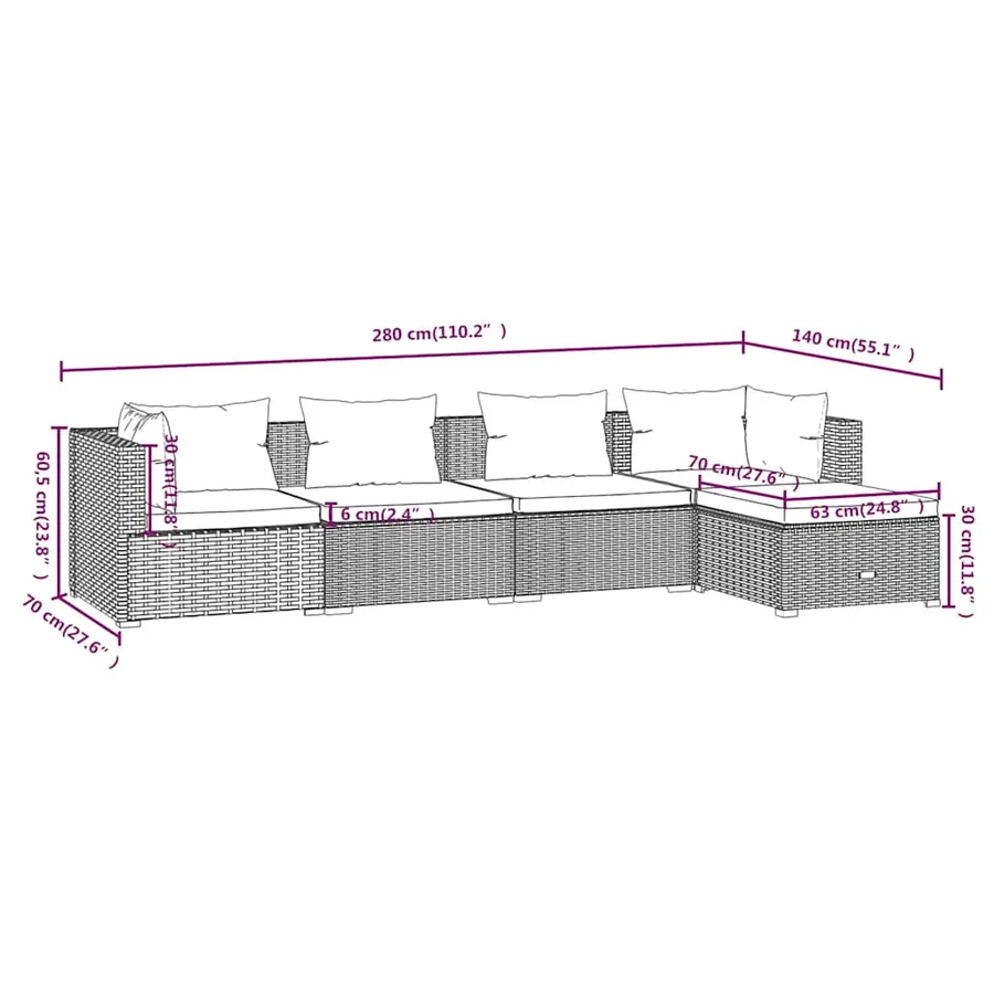 Salon de jardin 5 pcs avec coussins Résine tressée Gris - 6