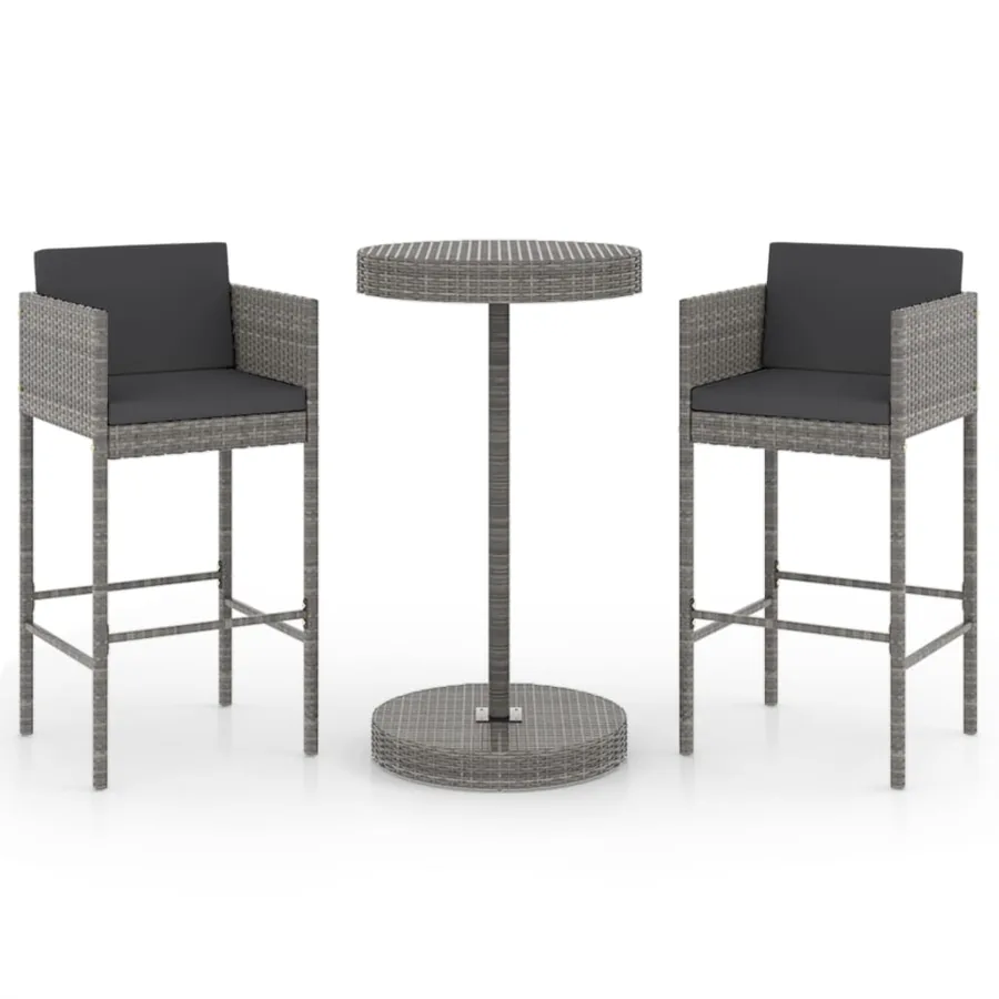 Ensemble de bar de jardin 3 pcs et coussins Résine tressée Gris - 2