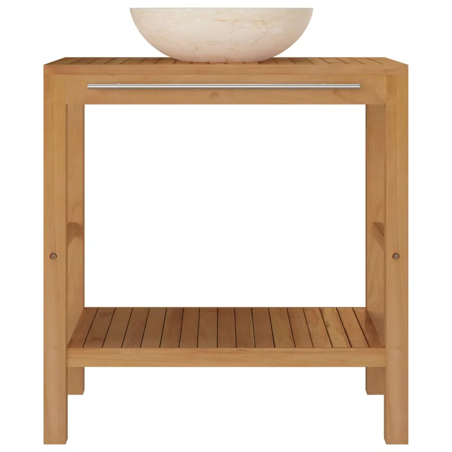 Armoire de toilette en teck solide avec lavabo en marbre Crème - 3