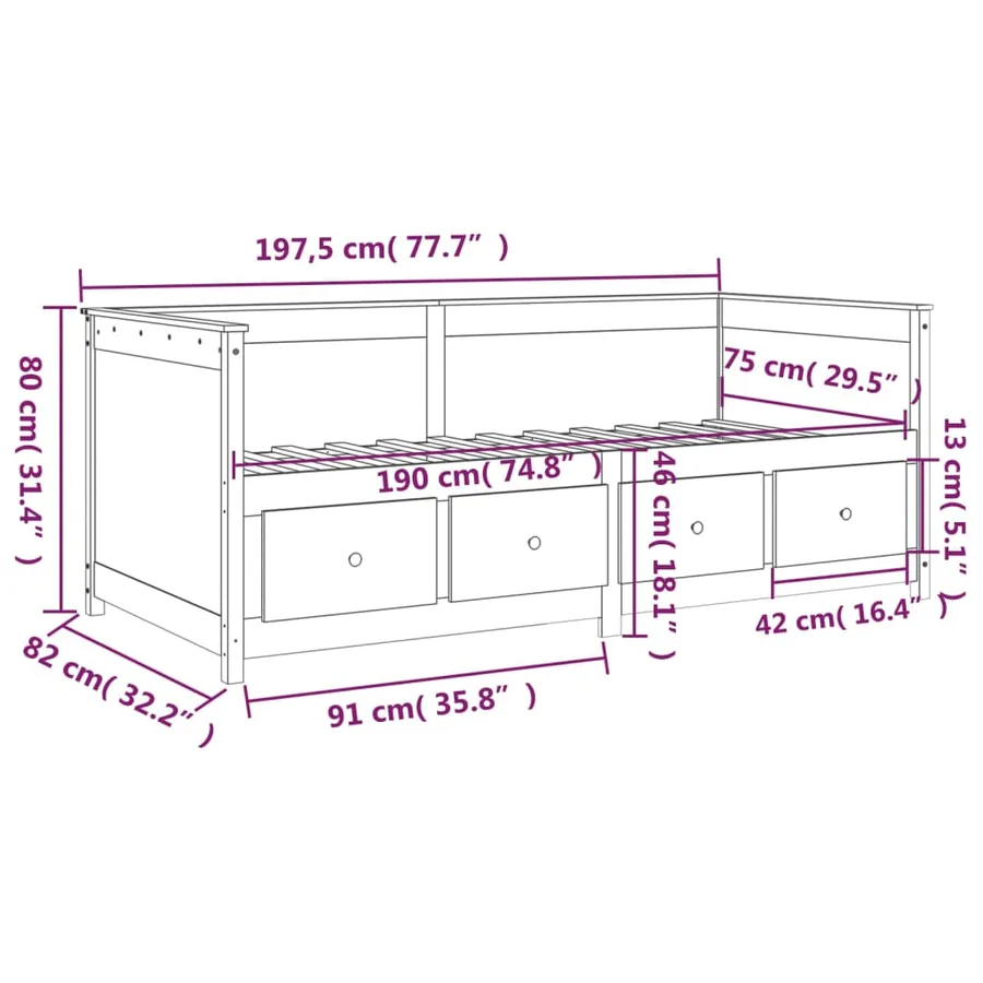 Lit de jour sans matelas noir 75x190 cm bois de pin massif - 13