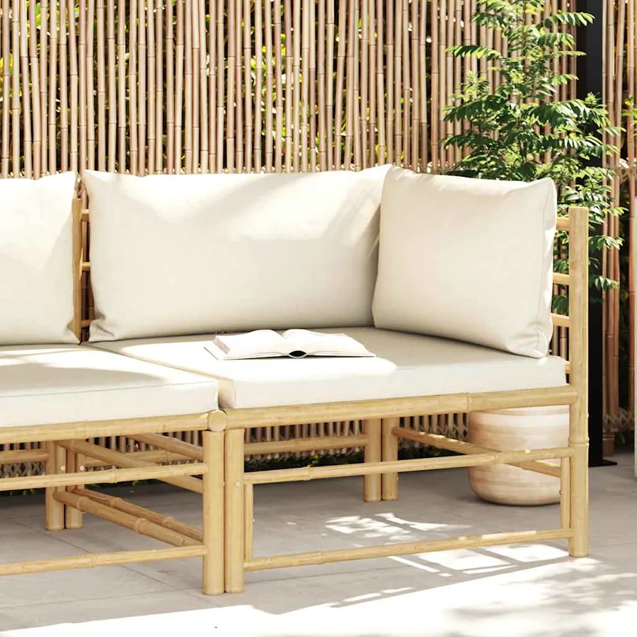 Canapé d'angle de jardin avec coussins blanc crème Bambou