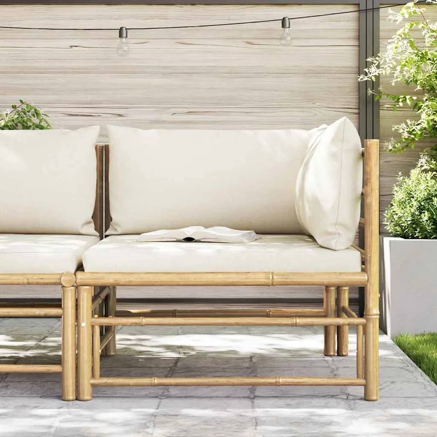 Canapé d'angle de jardin avec coussins blanc crème Bambou - 3