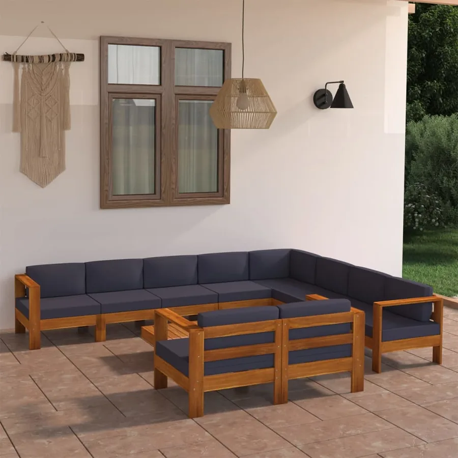 Salon de jardin 10 pcs avec coussins gris foncé Bois d'acacia