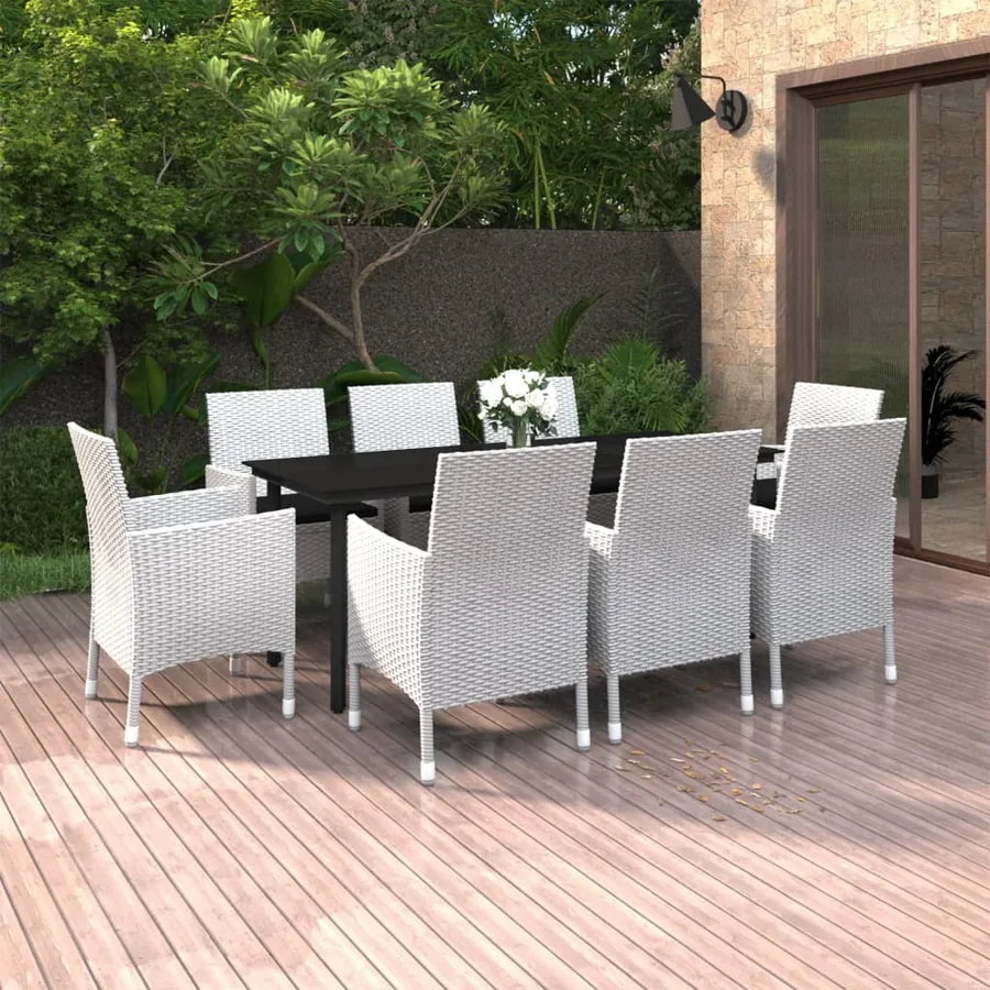 Ensemble à manger de jardin coussins 9 pcs Résine tressée Verre