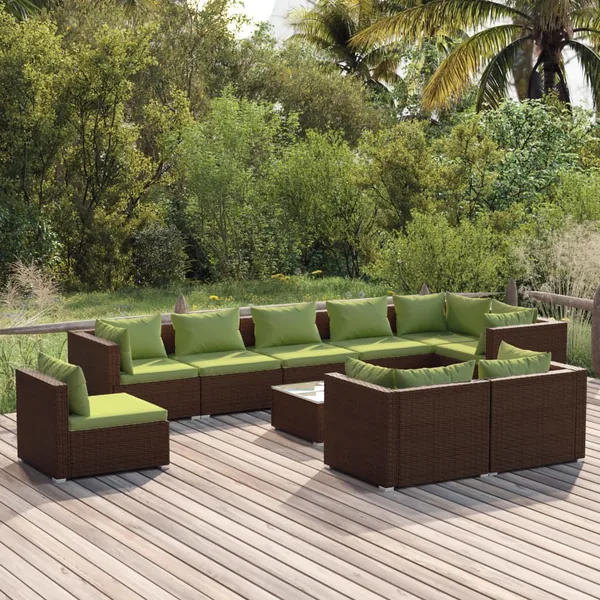Salon de jardin 10 pcs avec coussins Résine tressée Marron