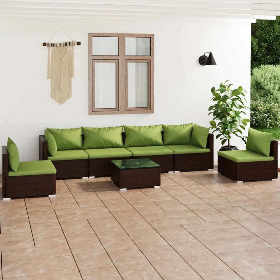 Salon de jardin 7 pcs avec coussins Résine tressée Marron
