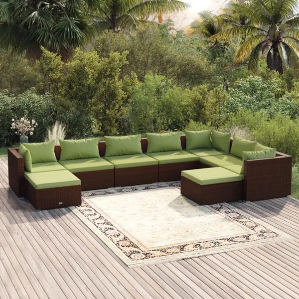 Salon de jardin 9 pcs avec coussins Résine tressée Marron