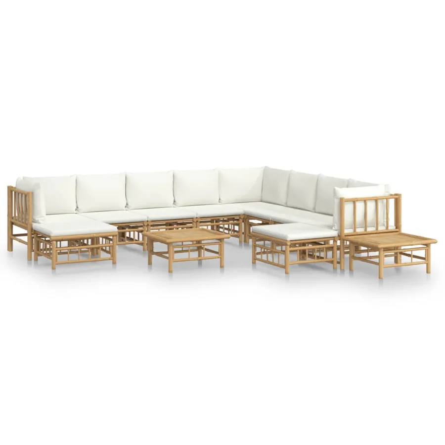 Salon de jardin 12 pcs avec coussins blanc crème bambou - 2