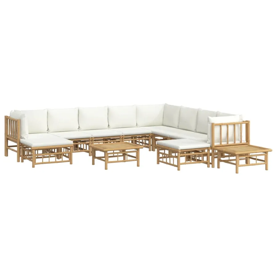 Salon de jardin 12 pcs avec coussins blanc crème bambou - 3