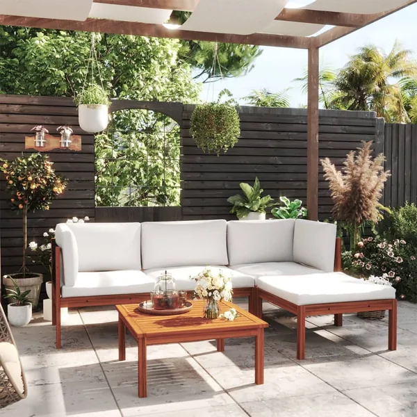 Salon de jardin 5 pièces avec coussins, bois d'acacia crème et corde
