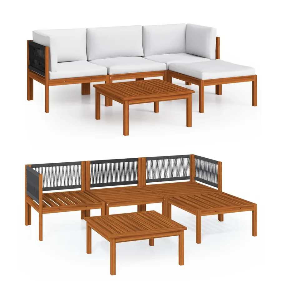 Salon de jardin 5 pièces avec coussins, bois d'acacia crème et corde - 2
