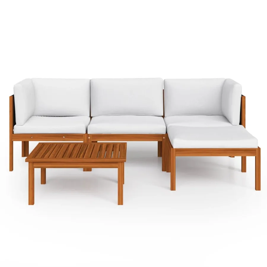 Salon de jardin 5 pièces avec coussins, bois d'acacia crème et corde - 3