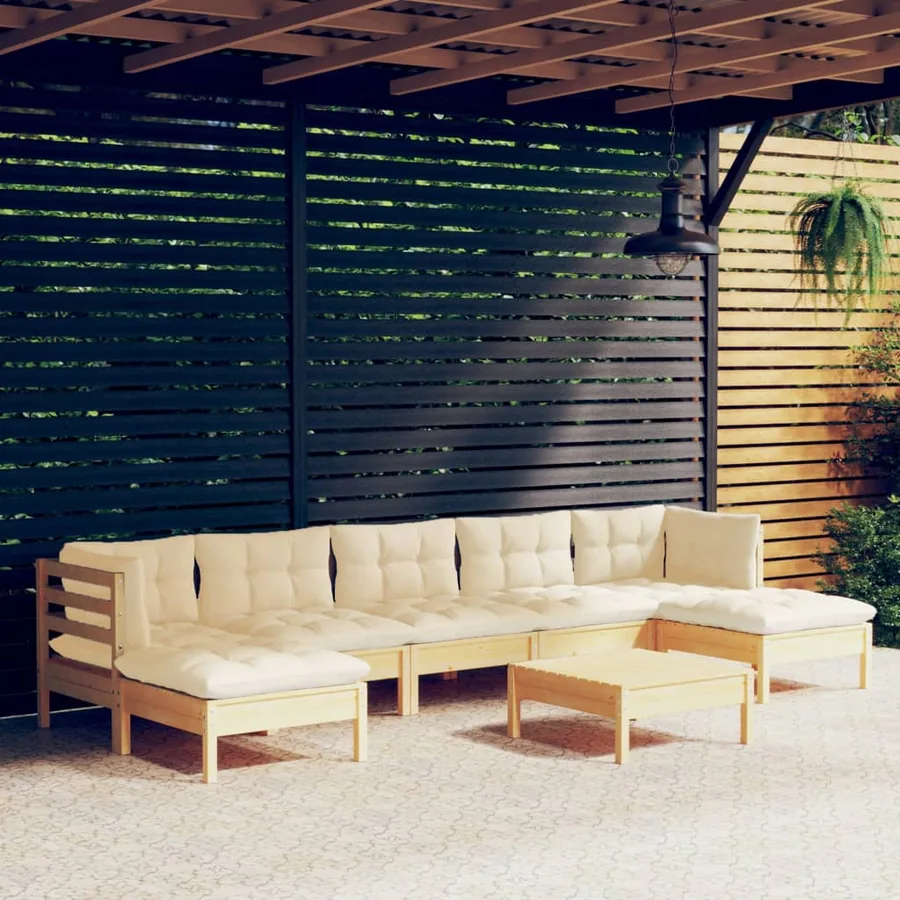 Salon de jardin 8 pcs avec coussins crème Bois de pin