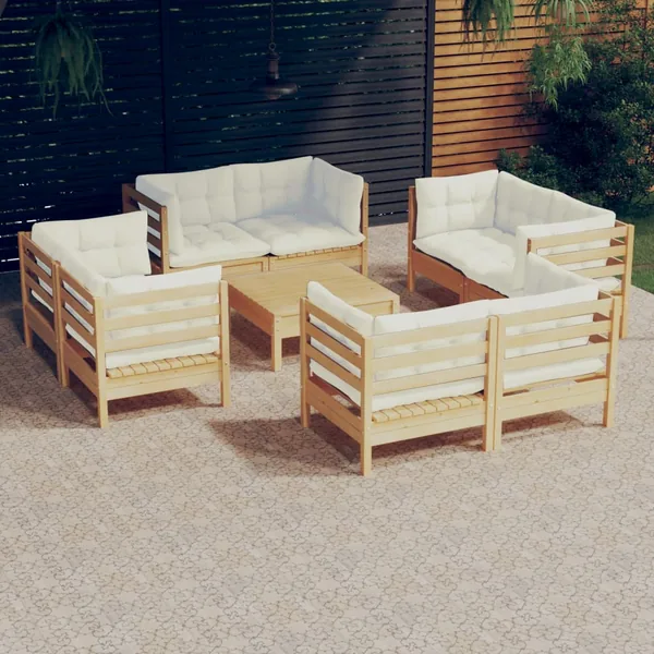 Salon de jardin 9 pcs avec coussins crème bois de pin