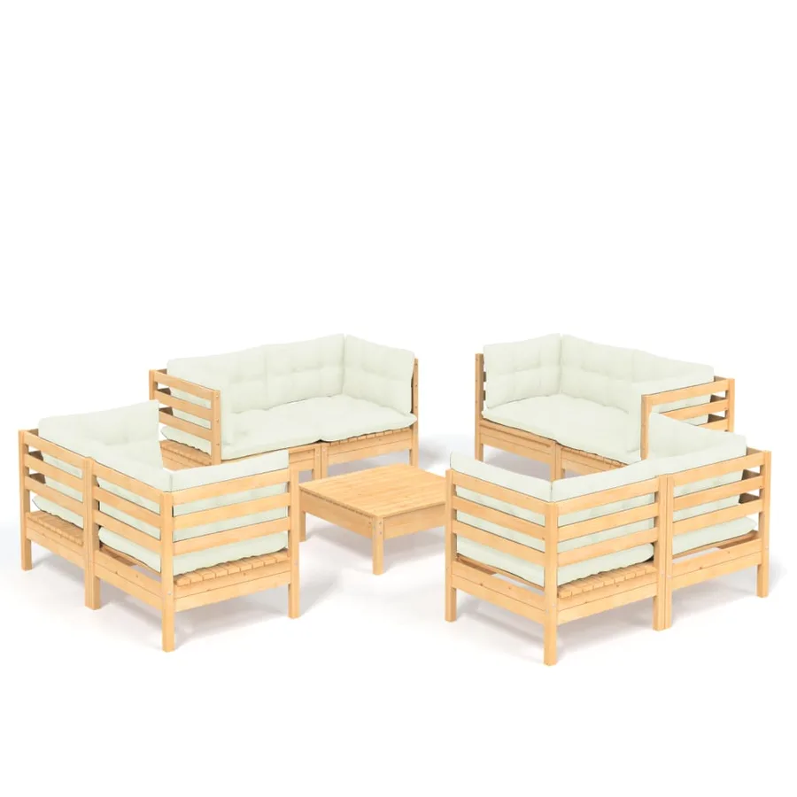 Salon de jardin 9 pcs avec coussins crème bois de pin - 2