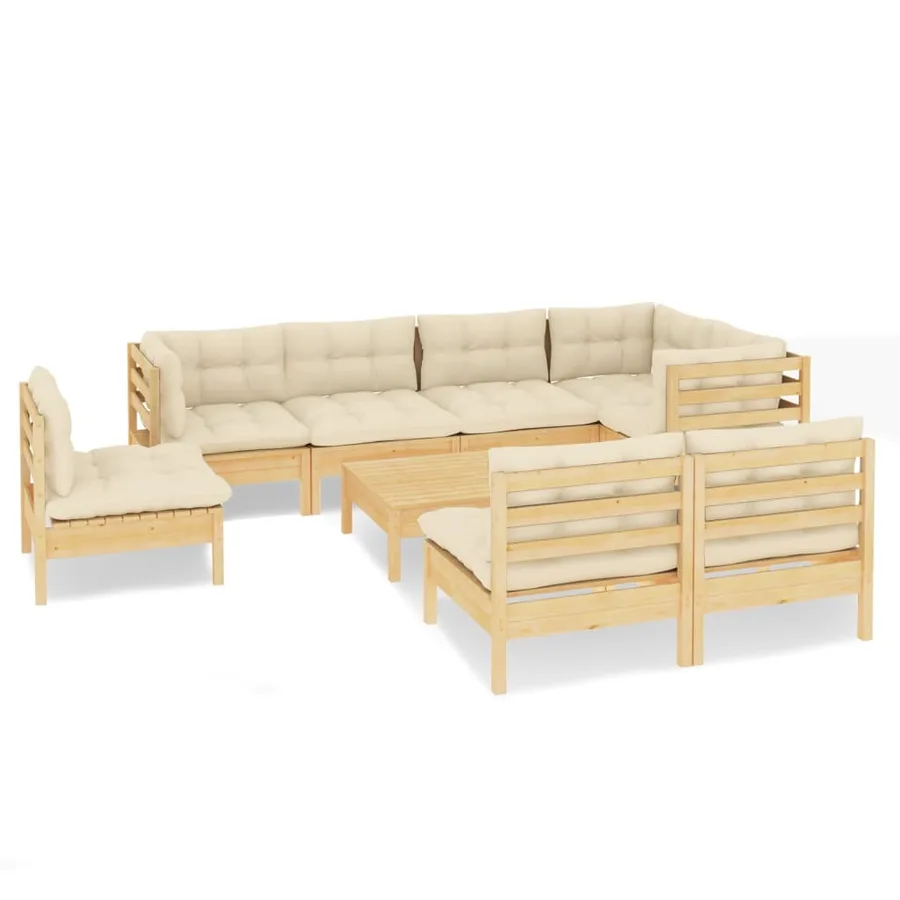 Salon de jardin 9 pcs avec coussins crème bois de pin massif - 2